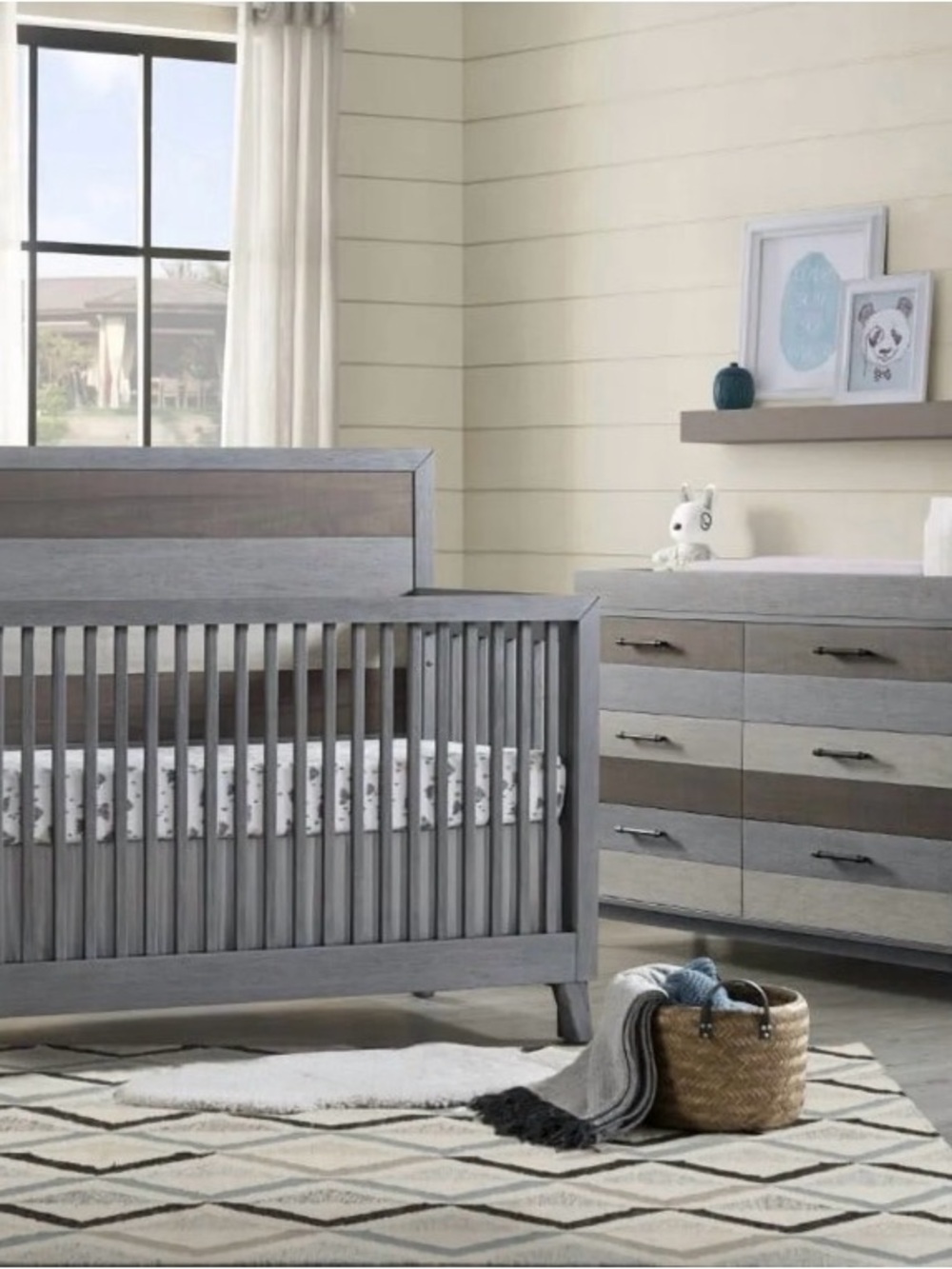 Soho Gray and Light Wood Convertible Crib and Dresser Set